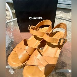 Kork Ease Classic Ava Platform Disco Wedges Natural Vachetta Leather 7.5 37.5